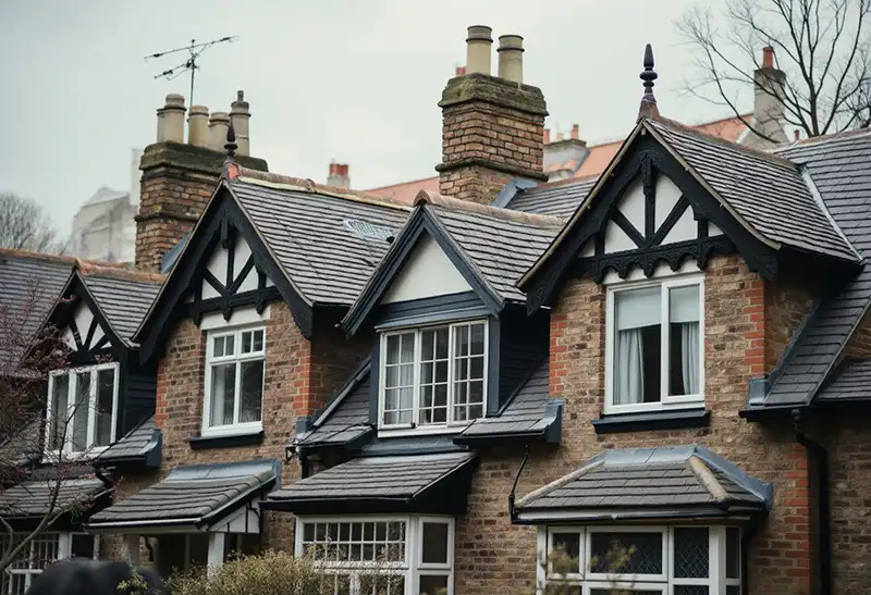 Traditional terraced houses in Horsham with pitched slate roofs and chimneys.